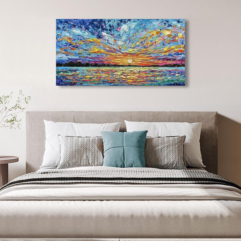 Limiyer Art Hand-painted Sea Sunrise landscape Modern Abstract Oil painting Large Canvas Art Hall Bedroom Office Wall Decoration 24x48 Inch - Image 3