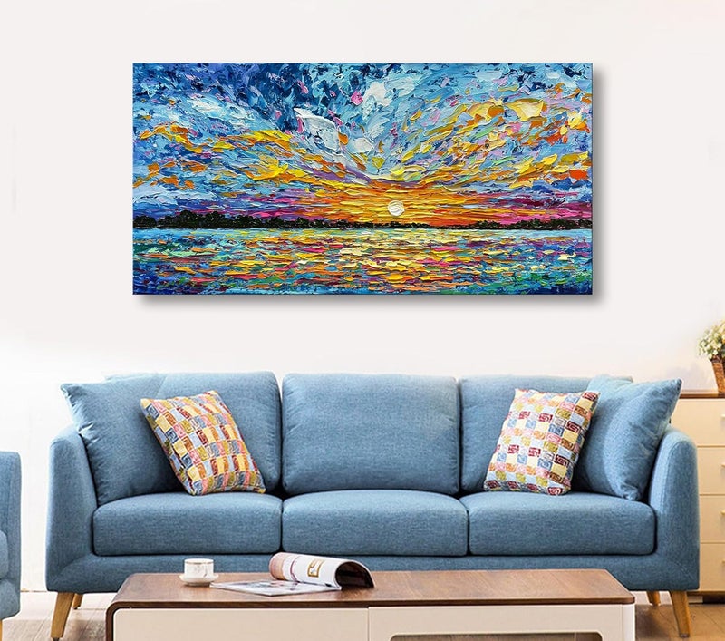 Limiyer Art Hand-painted Sea Sunrise landscape Modern Abstract Oil painting Large Canvas Art Hall Bedroom Office Wall Decoration 24x48 Inch - Image 4