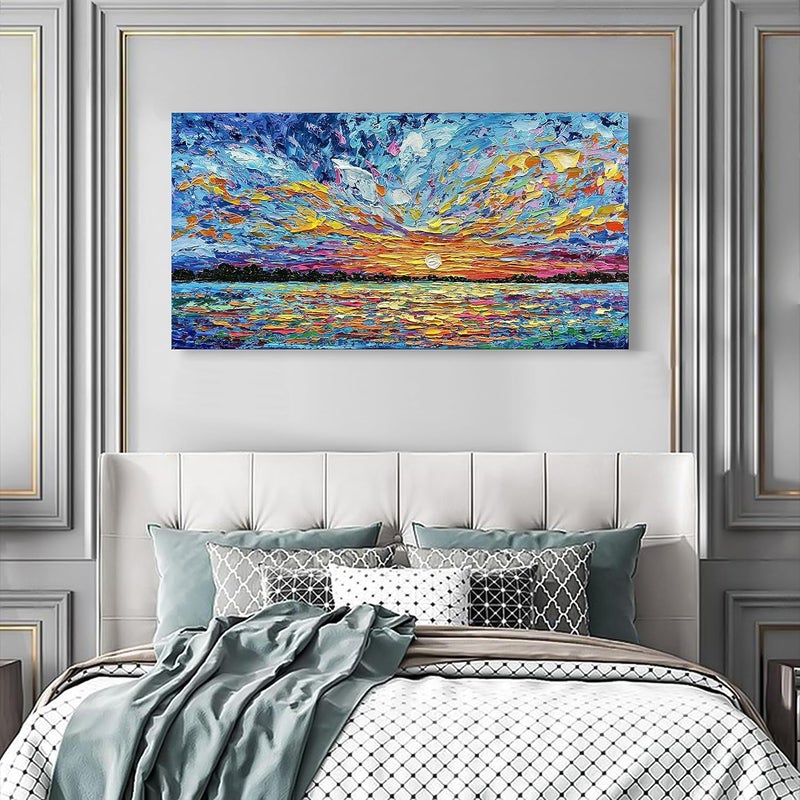 Limiyer Art Hand-painted Sea Sunrise landscape Modern Abstract Oil painting Large Canvas Art Hall Bedroom Office Wall Decoration 24x48 Inch - Image 5