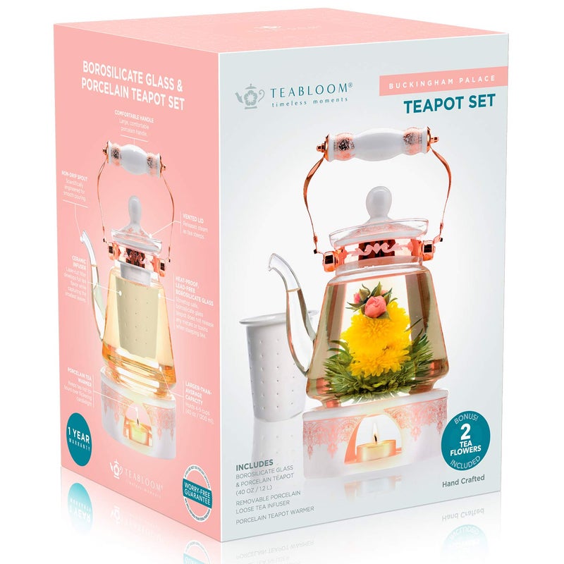 Teabloom Buckingham Palace Teapot & Flowering Tea Gift Set (6 Pieces) - Stovetop Safe Glass Teapot (40 OZ / 1.2 L / 4-5 CUPS), Porcelain Lid, Tea Warmer, Loose Tea Infuser, 2 Gourmet Rose Tea Flowers - Image 5
