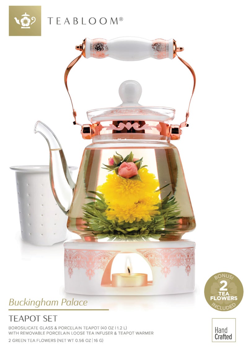Teabloom Buckingham Palace Teapot & Flowering Tea Gift Set (6 Pieces) - Stovetop Safe Glass Teapot (40 OZ / 1.2 L / 4-5 CUPS), Porcelain Lid, Tea Warmer, Loose Tea Infuser, 2 Gourmet Rose Tea Flowers - Image 3