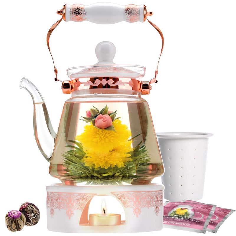 Teabloom Buckingham Palace Teapot & Flowering Tea Gift Set (6 Pieces) - Stovetop Safe Glass Teapot (40 OZ / 1.2 L / 4-5 CUPS), Porcelain Lid, Tea Warmer, Loose Tea Infuser, 2 Gourmet Rose Tea Flowers - Image 1