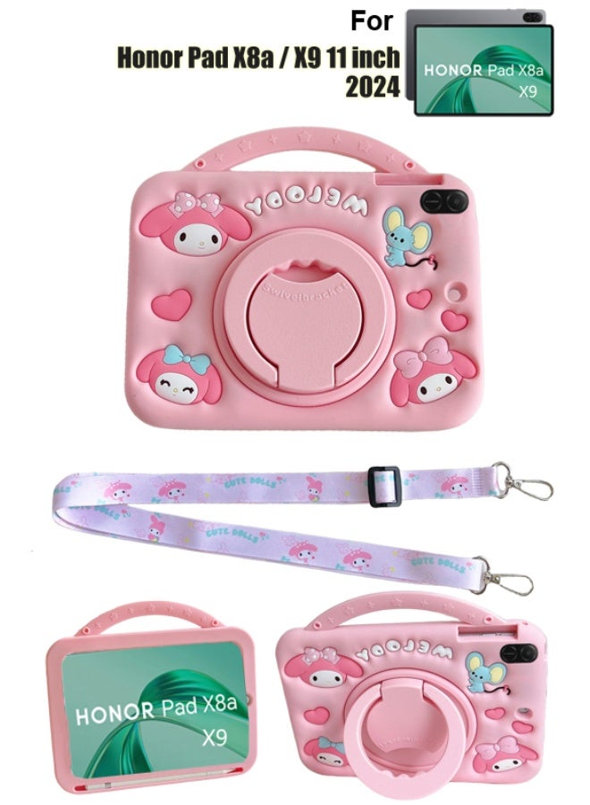 حافظة واقية HONOR Pad X8a/X9 مقاس 11 بوصة غطاء واقي ناعم من السيليكون مزود بحلقة حامل قابلة للدوران 360 درجة ومقبض، مع حزام كتف. حماية محسّنة ضد السقوط مع تصميم دمية كرتونية رائعة مصممة خصيصًا للشابات. - Image 1