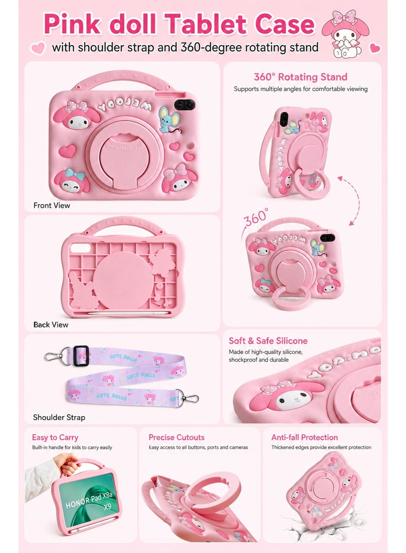 HONOR Pad X8a/X9 11-inch Protective Case 2024 Edition Soft Silicone Cover Reinforced protective sleeve Features 360° rotating wrist strap Includes adjustable stand ring and carrying handle Drop protection Adorable cartoon/cute doll design Specially designed for young girls Pink doll motif - Image 3