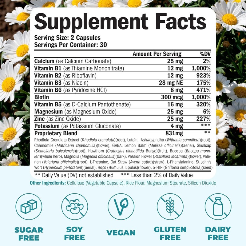 Vimerson Health Stress Relief Supplement with 5HTP Ashwagandha Valerian St Johns Wort GABA Chamomile  BVitamins  Promotes Relaxation Sleep Calm  Balanced Mood Energy  Focus Vegan NonGMO 60 Capsules - Image 3