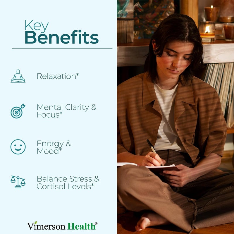 Vimerson Health Stress Relief Supplement with 5HTP Ashwagandha Valerian St Johns Wort GABA Chamomile  BVitamins  Promotes Relaxation Sleep Calm  Balanced Mood Energy  Focus Vegan NonGMO 60 Capsules - Image 2
