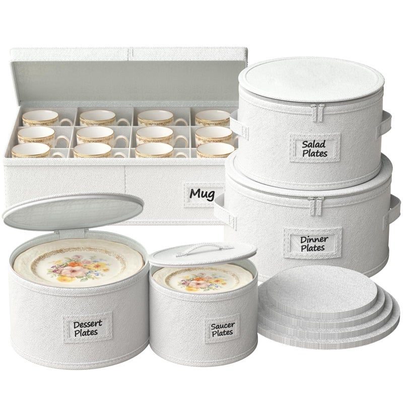 Ofiray-home China Storage Containers, Hard Shell Dish Storage Containers with 48 Felt Dividers, 5 Piece Dish Organizers for Dinner Plates, Saucers & Mugs, Perfect for Seasonal Storage & Moving Supplies - Image 1