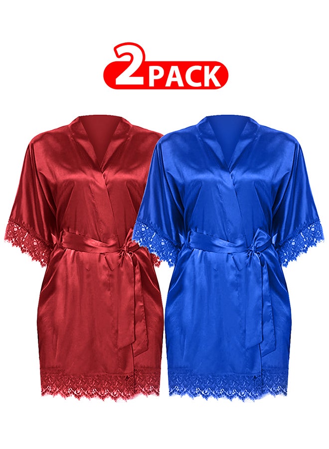 MARGOUN 2 Pack XL Size Women Satin Robe Belted Silky Robe Sleepwear Bridal Robe Kimono Lace Sleeve Nightgown /XL(bust:88-92/waist:72-76) - Image 1