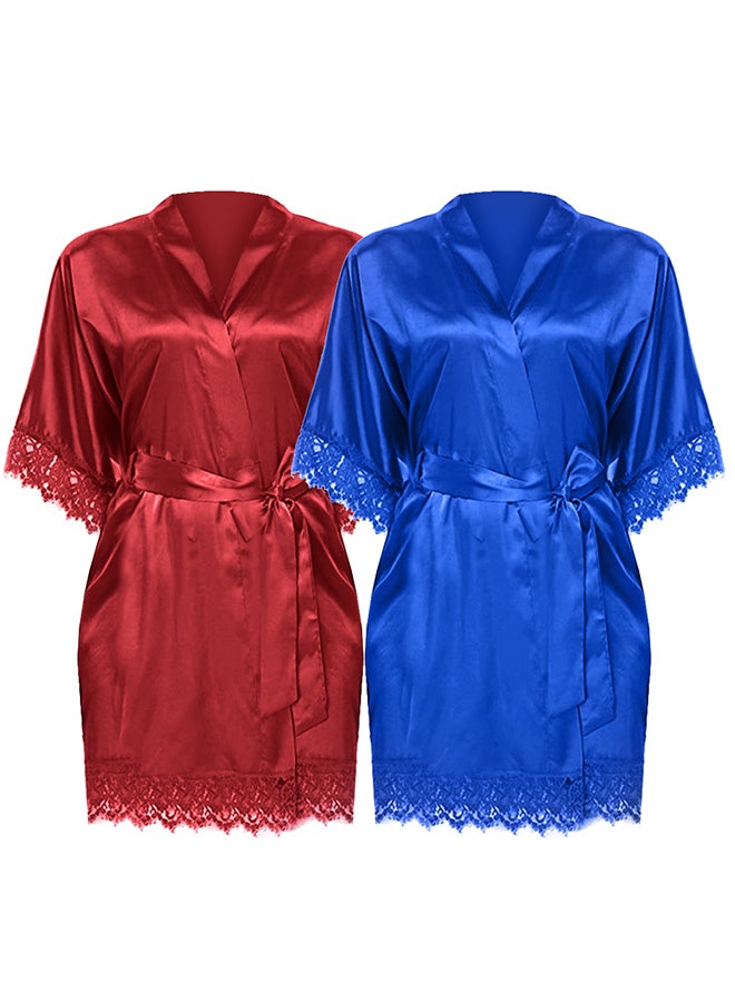 MARGOUN 2 Pack XL Size Women Satin Robe Belted Silky Robe Sleepwear Bridal Robe Kimono Lace Sleeve Nightgown /XL(bust:88-92/waist:72-76) - Image 3