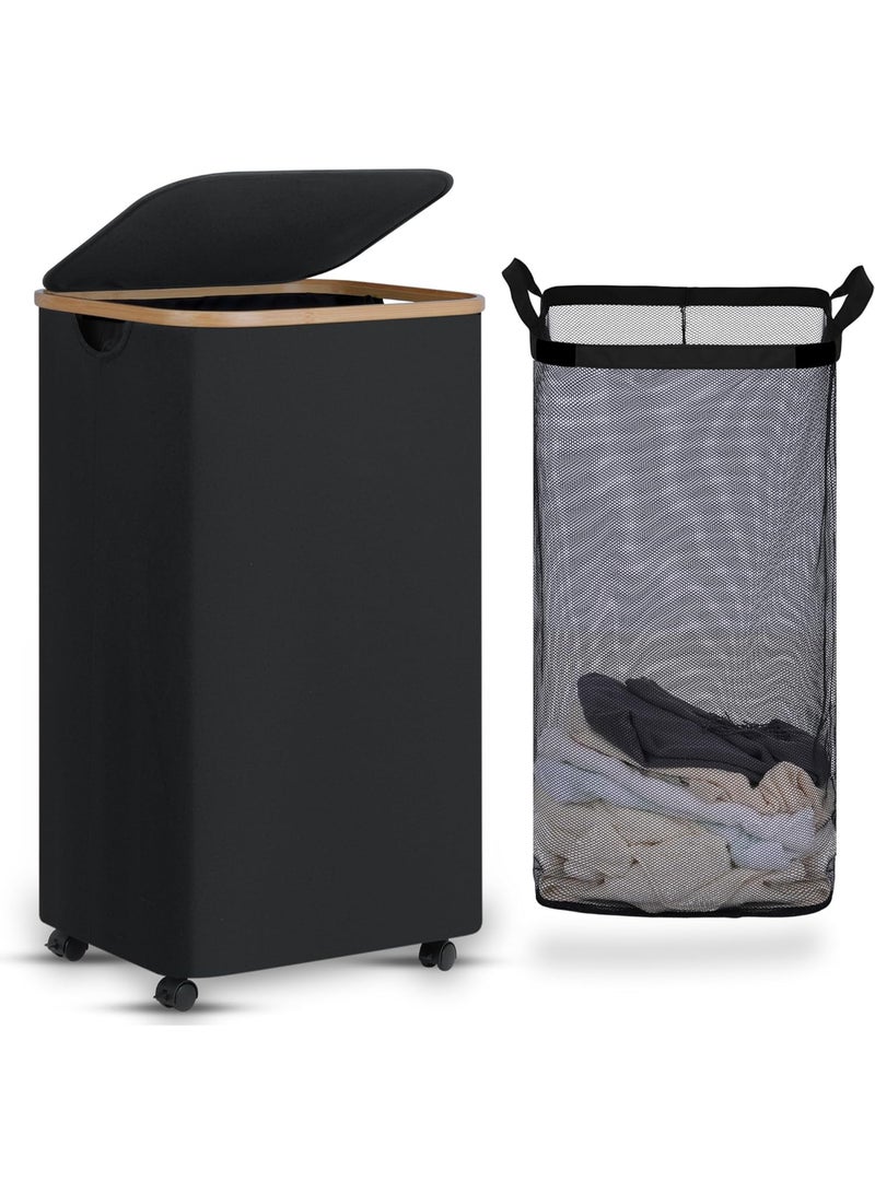 سلة غسيل بسعة 100 لتر بعجلات، سلة غسيل عالية قابلة للسحب مع غطاء وحقيبة قابلة للإزالة، سلة ملابس متسخة جميلة بعجلات لغرفة الغسيل، غرفة النوم، السكن الجامعي والحمام باللون الأسود - Image 1