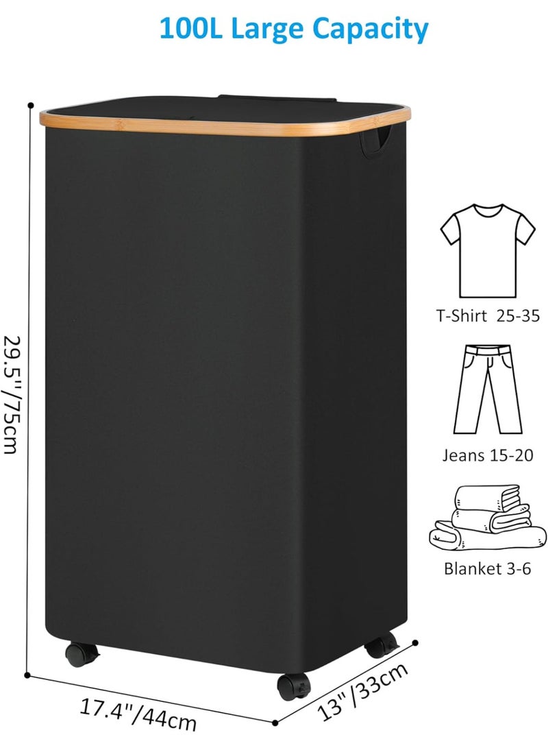 سلة غسيل بسعة 100 لتر بعجلات، سلة غسيل عالية قابلة للسحب مع غطاء وحقيبة قابلة للإزالة، سلة ملابس متسخة جميلة بعجلات لغرفة الغسيل، غرفة النوم، السكن الجامعي والحمام باللون الأسود - Image 2