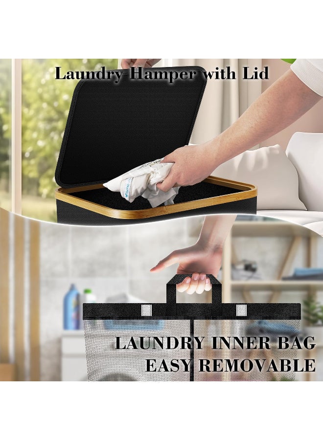 سلة غسيل بسعة 100 لتر بعجلات، سلة غسيل عالية قابلة للسحب مع غطاء وحقيبة قابلة للإزالة، سلة ملابس متسخة جميلة بعجلات لغرفة الغسيل، غرفة النوم، السكن الجامعي والحمام باللون الأسود - Image 5