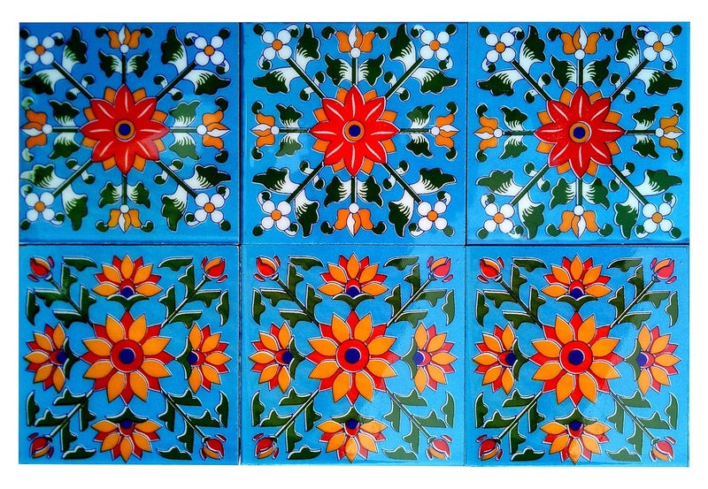 Shiv Kripa Blue Pottery Home Decor Tiles Backsplash Ceramic Wall Tiles Mural Panel Kitchen Washroom Mosaic 4 x 4 Inch Pack of 6 Tiles Sky Blue Multi
