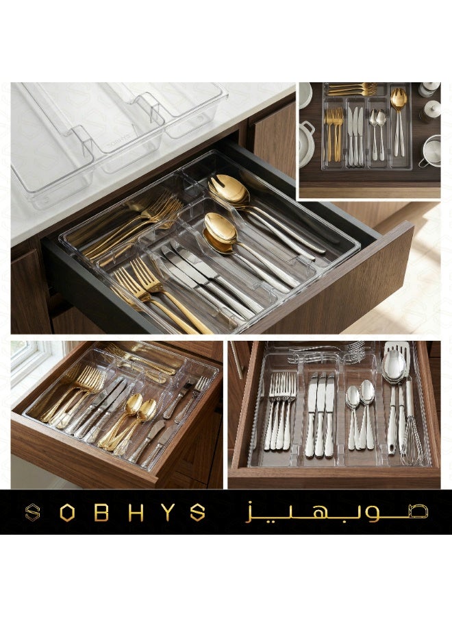 SOBHYS Clear Acrylic Drawer Organizer, 28×33×4 cm, Heavy-Duty 390 g, Multi-Compartment Storage Tray for Kitchen Utensils, Office Supplies & Makeup – Premium Crystal Design – SOBHYS - Image 4