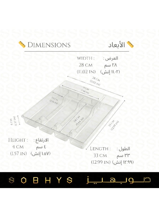 SOBHYS Clear Acrylic Drawer Organizer, 28×33×4 cm, Heavy-Duty 390 g, Multi-Compartment Storage Tray for Kitchen Utensils, Office Supplies & Makeup – Premium Crystal Design – SOBHYS - Image 2