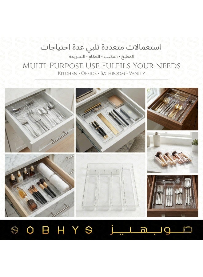 SOBHYS Clear Acrylic Drawer Organizer, 28×33×4 cm, Heavy-Duty 390 g, Multi-Compartment Storage Tray for Kitchen Utensils, Office Supplies & Makeup – Premium Crystal Design – SOBHYS - Image 3