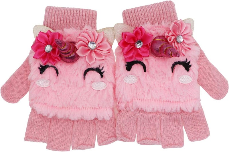 Newfancy Kids Unicorn Flip Top Gloves with Mitten Cover Knitted Winter Fingerless Convertible Mittens for Boy Girls Toddler - Image 1