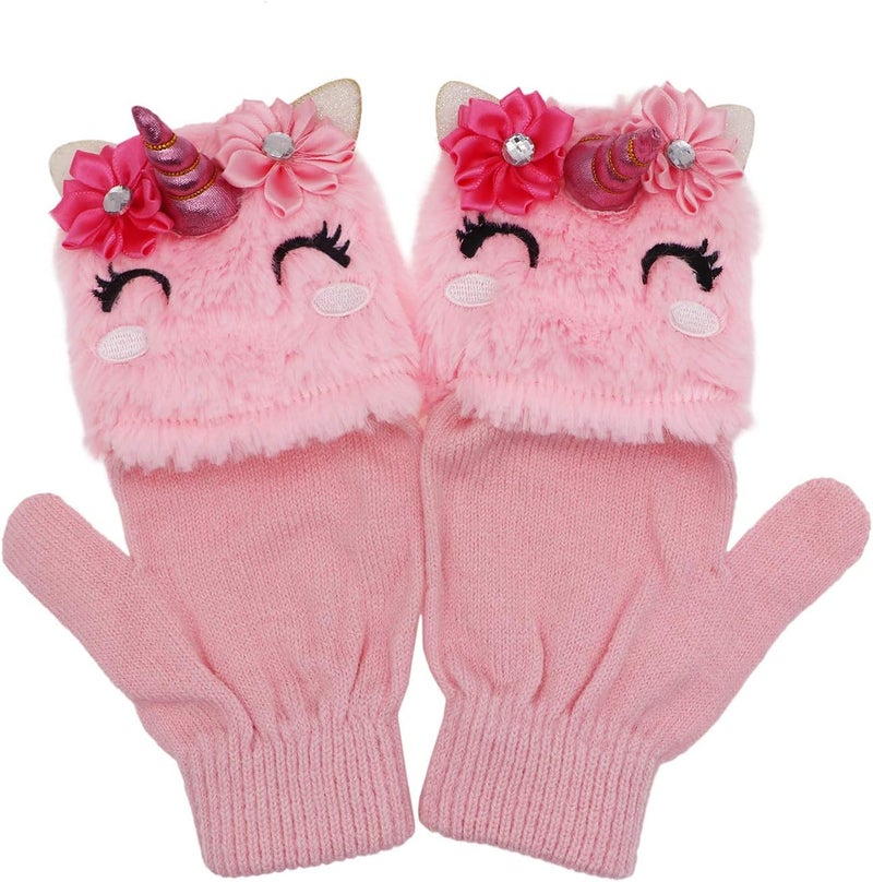 Newfancy Kids Unicorn Flip Top Gloves with Mitten Cover Knitted Winter Fingerless Convertible Mittens for Boy Girls Toddler - Image 2