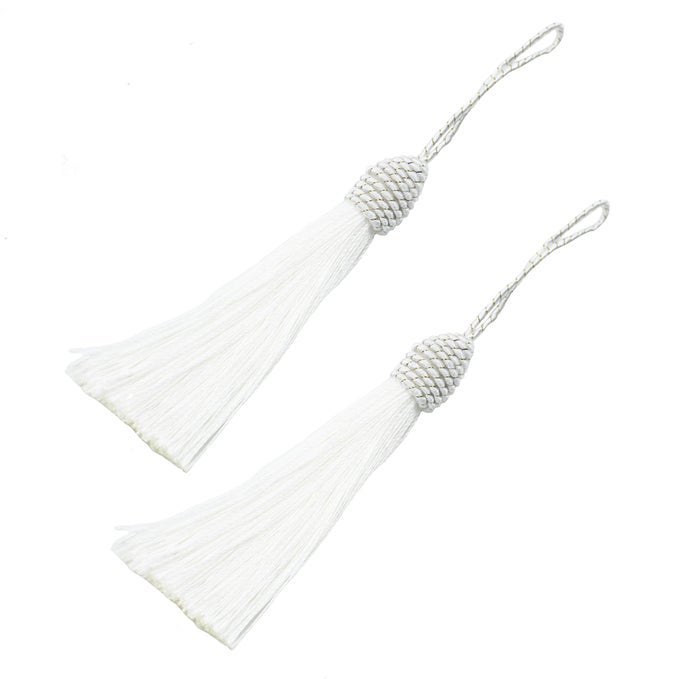 20PCS 6 INCH WHITE SILKY FLOSS TASSELS WITH 2INCH CORD LOOP AND SMALL CHINESE KNOT FOR DIY CRAFT ACCESSORY