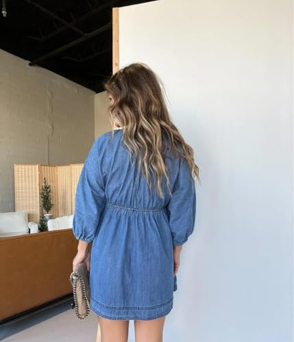 yoeasy Women's V Neck Denim Dress Casual Puff Sleeve Swing Ruffle Flowy A Line Mini Jean Babydoll Dress (Large, Blue) - Image 2