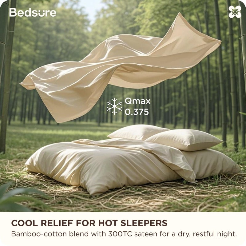 Bedsure Cotton & Rayon Derived from Bamboo Blend Cooling Duvet Cover Set for Hot Sleepers, Ultra-Soft, Breathable & Lightweight, Queen Size, Includes 1 Duvet Cover (230 cm x 230 cm) and 2 Pillow Shams (50 x 66 cm), Beige - Image 2