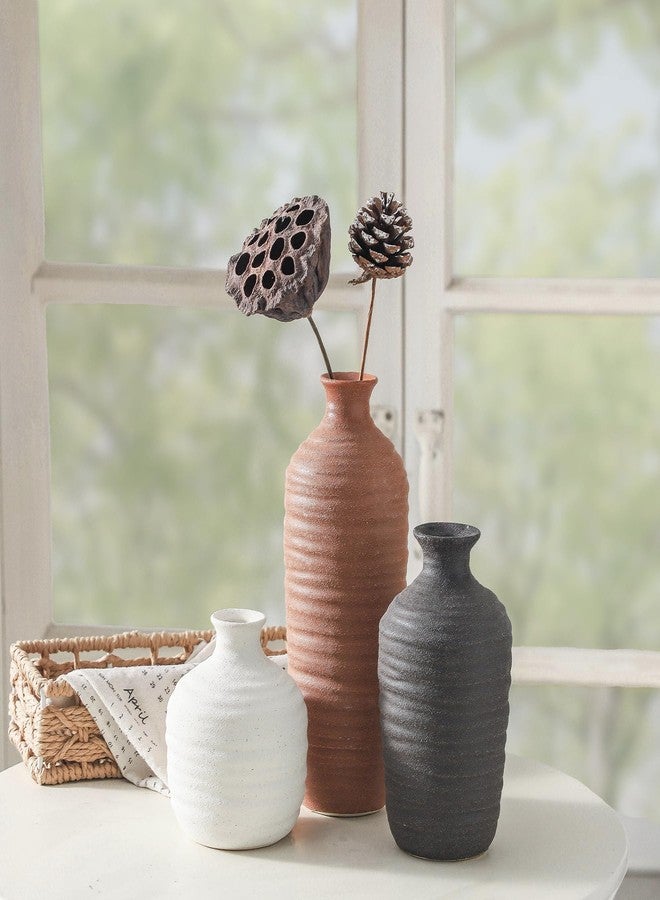 Dobbyby Ceramic Vase Set of 3 Neutral Decorative Vase for Farmhouse, Boho, or Rustic Home Decor Pottery Vases for Pampas Grass Living Room Bedroom Table Mantel Entryway Shelf (01-Brown) - Image 5