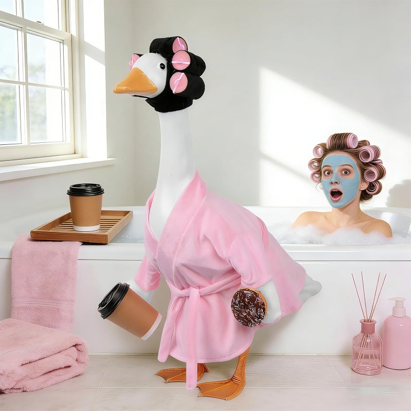 yuboo Lady Porch Goose Outfit 23 Inch Pink Bathrobe, Winter Goose Clothes Valentines Porch Geese Accessories Pink Pajamas Robe Curlers and Coffee Cup for Spring Easter Funny Decoration - Image 3