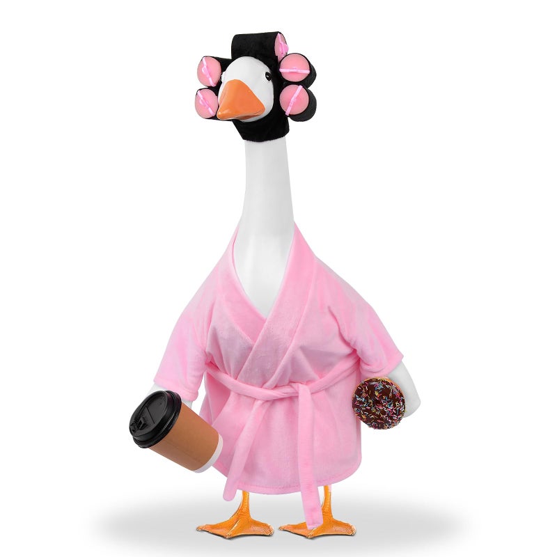 yuboo Lady Porch Goose Outfit 23 Inch Pink Bathrobe, Winter Goose Clothes Valentines Porch Geese Accessories Pink Pajamas Robe Curlers and Coffee Cup for Spring Easter Funny Decoration - Image 1