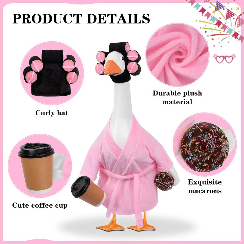 yuboo Lady Porch Goose Outfit 23 Inch Pink Bathrobe, Winter Goose Clothes Valentines Porch Geese Accessories Pink Pajamas Robe Curlers and Coffee Cup for Spring Easter Funny Decoration - Image 4