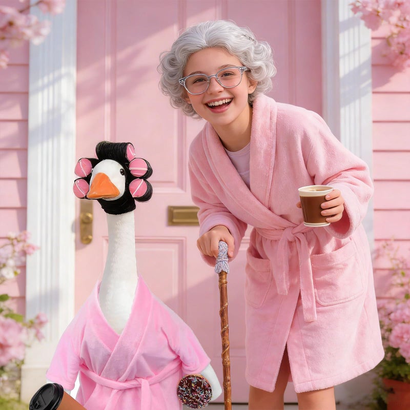 yuboo Lady Porch Goose Outfit 23 Inch Pink Bathrobe, Winter Goose Clothes Valentines Porch Geese Accessories Pink Pajamas Robe Curlers and Coffee Cup for Spring Easter Funny Decoration - Image 5