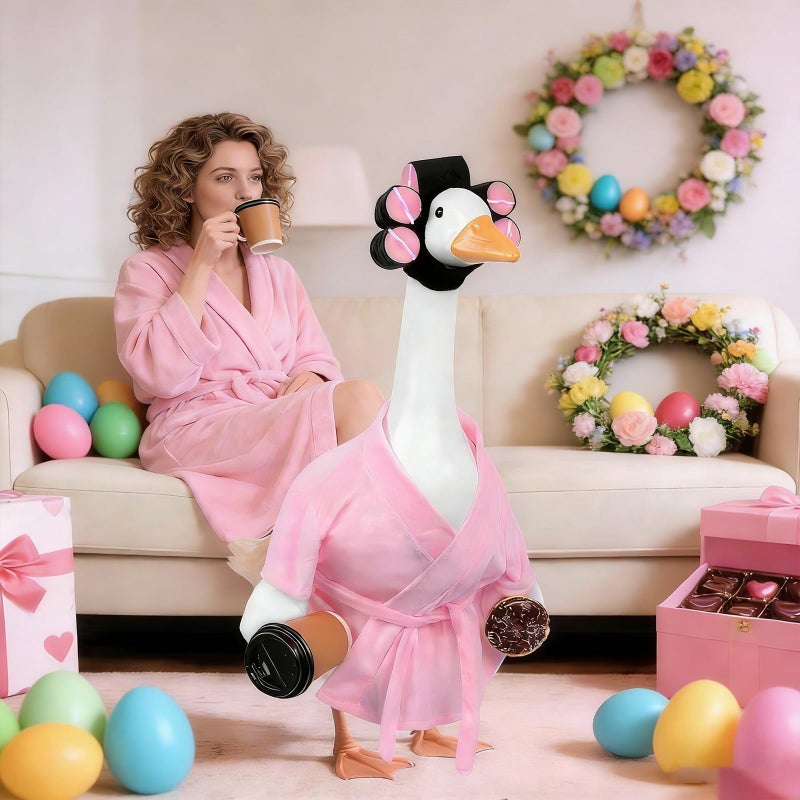 yuboo Lady Porch Goose Outfit 23 Inch Pink Bathrobe, Winter Goose Clothes Valentines Porch Geese Accessories Pink Pajamas Robe Curlers and Coffee Cup for Spring Easter Funny Decoration - Image 2