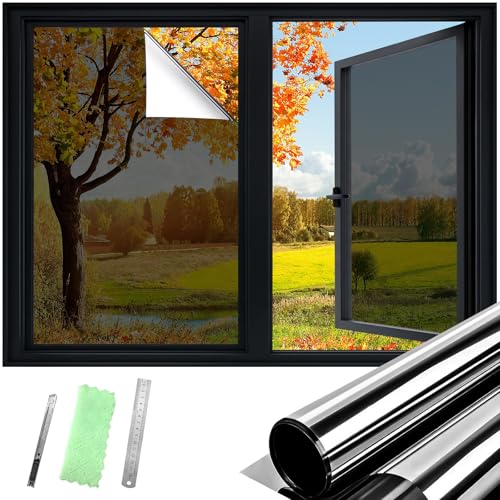 DUOFIRE One Way Window Film Privacy See Out Not in Heat Blocker Window Tint Reflective Mirror Windows Tinting Film for Home Static Cling AntiUV Sun Blocking Windows CoveringBlack 174x787in - Image 1