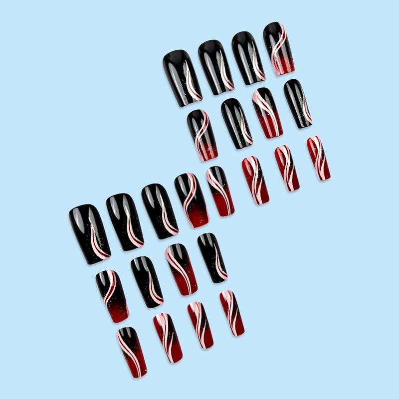 HJKDSFD Coffin Press on Nails Medium Length Fake Nails Black Red Gradient Acrylic Glue on Nails Glossy Artificial False Nails with Stripes Design Glossy Glitter Stick on Nails for Women Girls 24PCS - Image 4