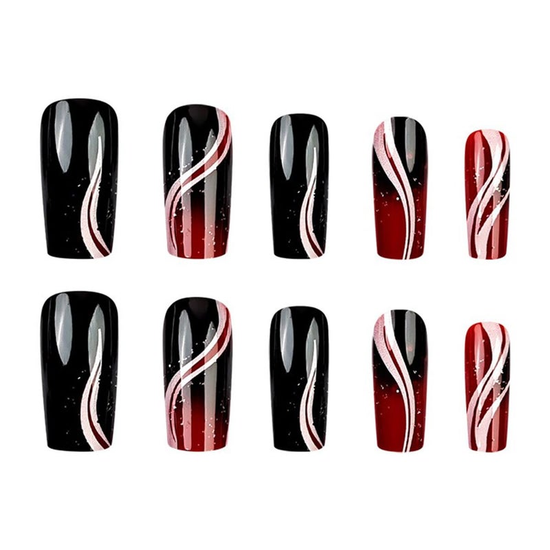 HJKDSFD Coffin Press on Nails Medium Length Fake Nails Black Red Gradient Acrylic Glue on Nails Glossy Artificial False Nails with Stripes Design Glossy Glitter Stick on Nails for Women Girls 24PCS - Image 5