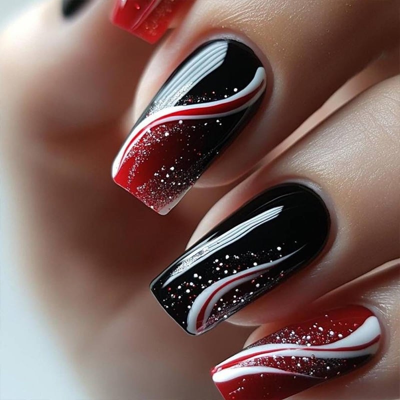 HJKDSFD Coffin Press on Nails Medium Length Fake Nails Black Red Gradient Acrylic Glue on Nails Glossy Artificial False Nails with Stripes Design Glossy Glitter Stick on Nails for Women Girls 24PCS - Image 1