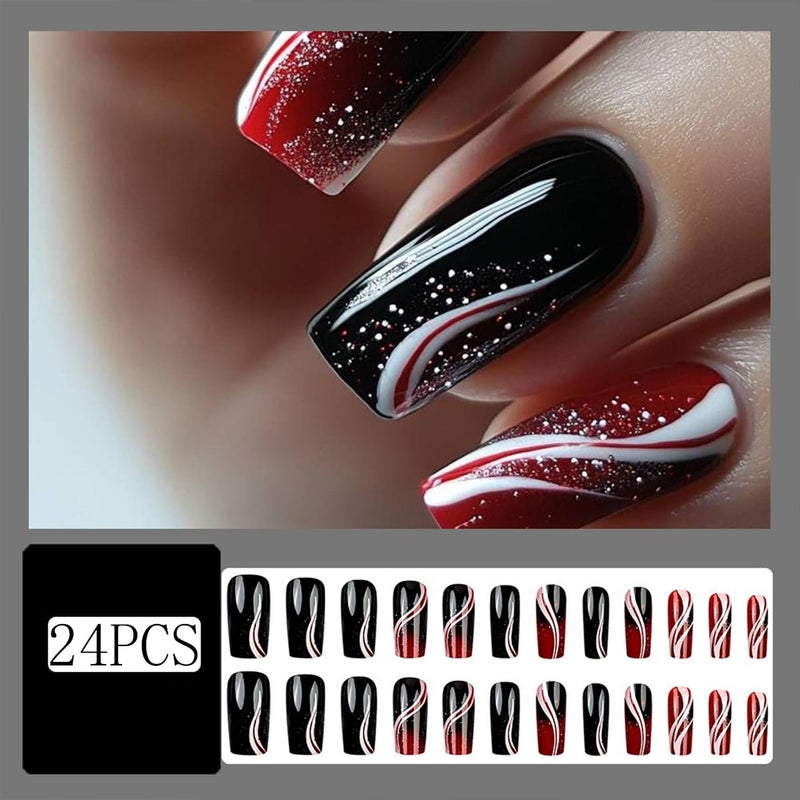 HJKDSFD Coffin Press on Nails Medium Length Fake Nails Black Red Gradient Acrylic Glue on Nails Glossy Artificial False Nails with Stripes Design Glossy Glitter Stick on Nails for Women Girls 24PCS - Image 2