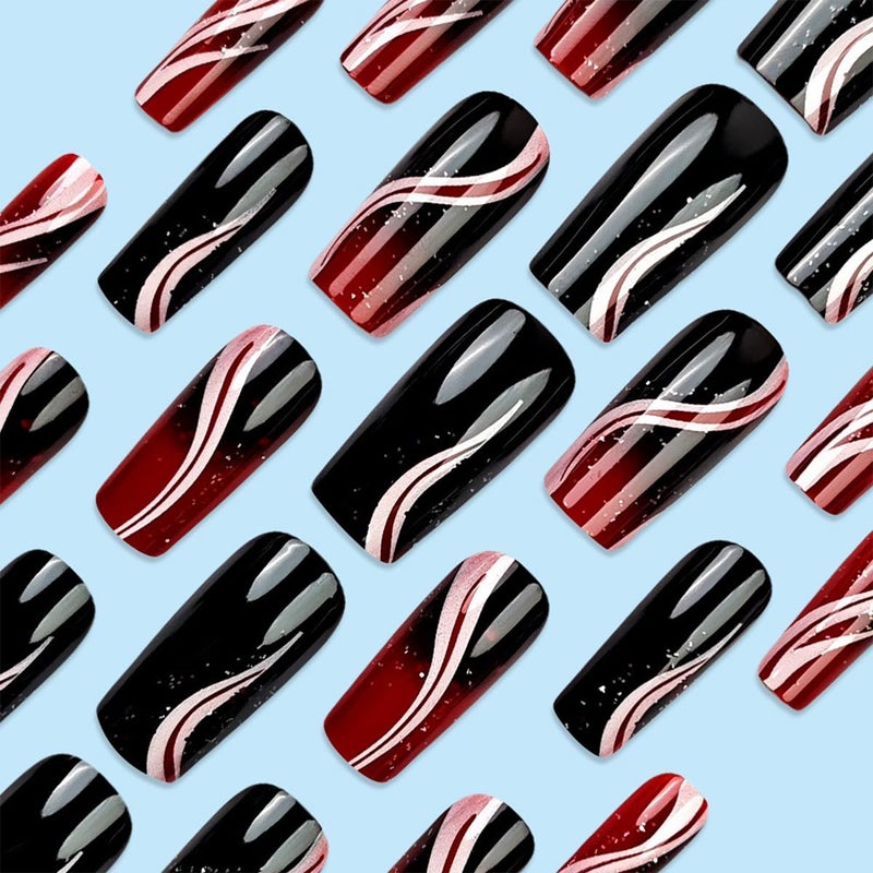 HJKDSFD Coffin Press on Nails Medium Length Fake Nails Black Red Gradient Acrylic Glue on Nails Glossy Artificial False Nails with Stripes Design Glossy Glitter Stick on Nails for Women Girls 24PCS - Image 3