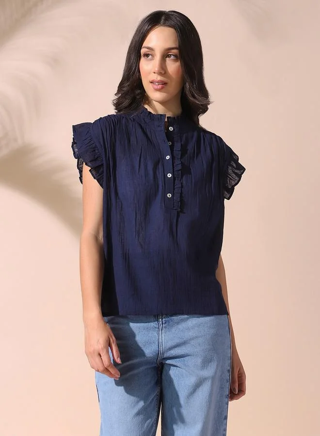 Dennis Lingo Women's Navy Blazer 100% Cotton Solid Pattern Regular Fit Tops