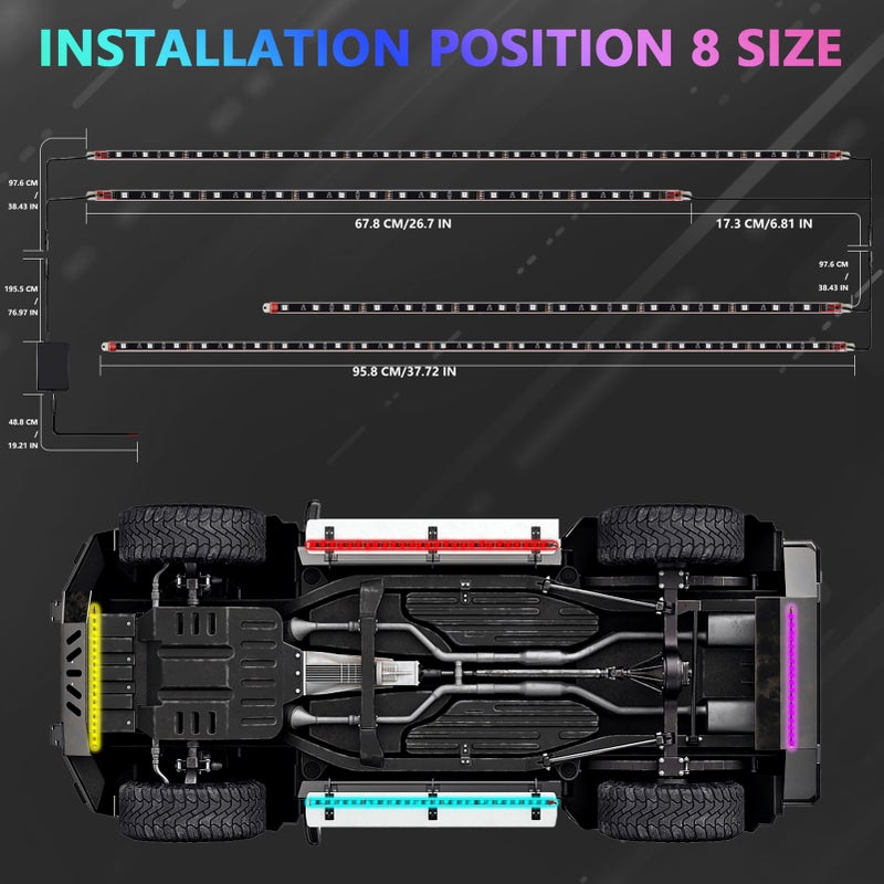 4PCS LED Rock Light Kits Colorful Car LED Light APP Control Light Strips IP68 Waterproof Brightness Adjustment BT 5.0 Connection Synchronized with Music for Off Road Truck SUV ATV UTV Boats 60*90cm - Image 2