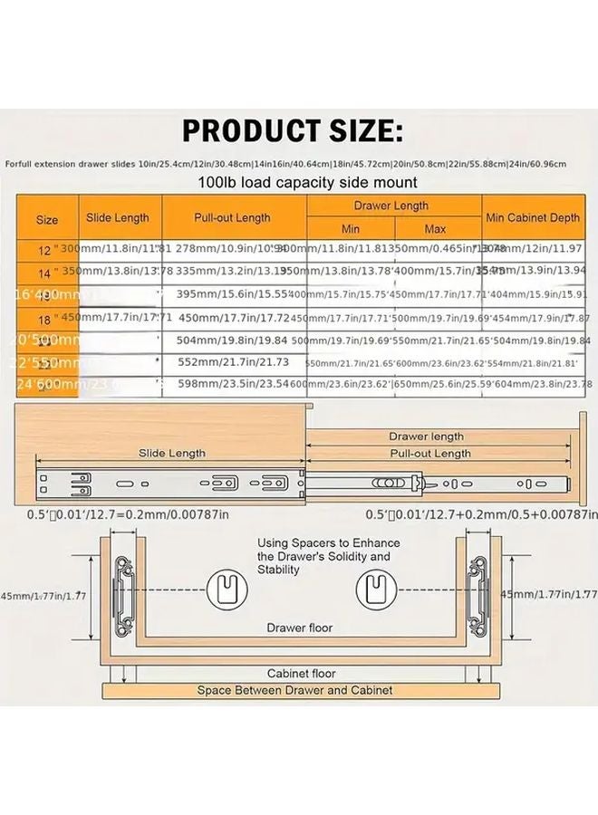 12 Inch Ball Bearing Drawer Slides 100lb Load Capacity Side Mount Metal Rails - Image 5