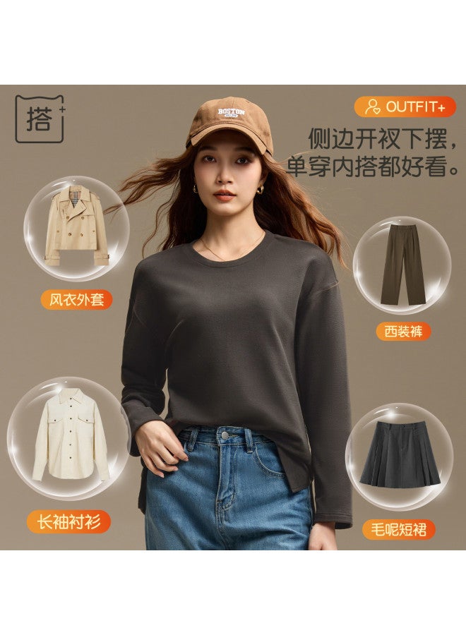 MIIOW Women'S Long Sleeve Base T-Shirt, Korean-Style Loose Split Hem Base Shirt For Women - Image 4