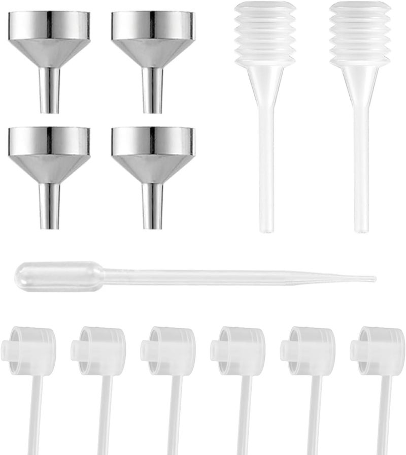YAFIYGI 13Pcs Perfume Dispenser Transfer Replacement Tool include 6 Perfume Dispenser Pump 4 Mini Metal Funnel 1 Pipettes&2 Mini dropper for Small Travel Refillable Perfume Atomizer Spray Bottle