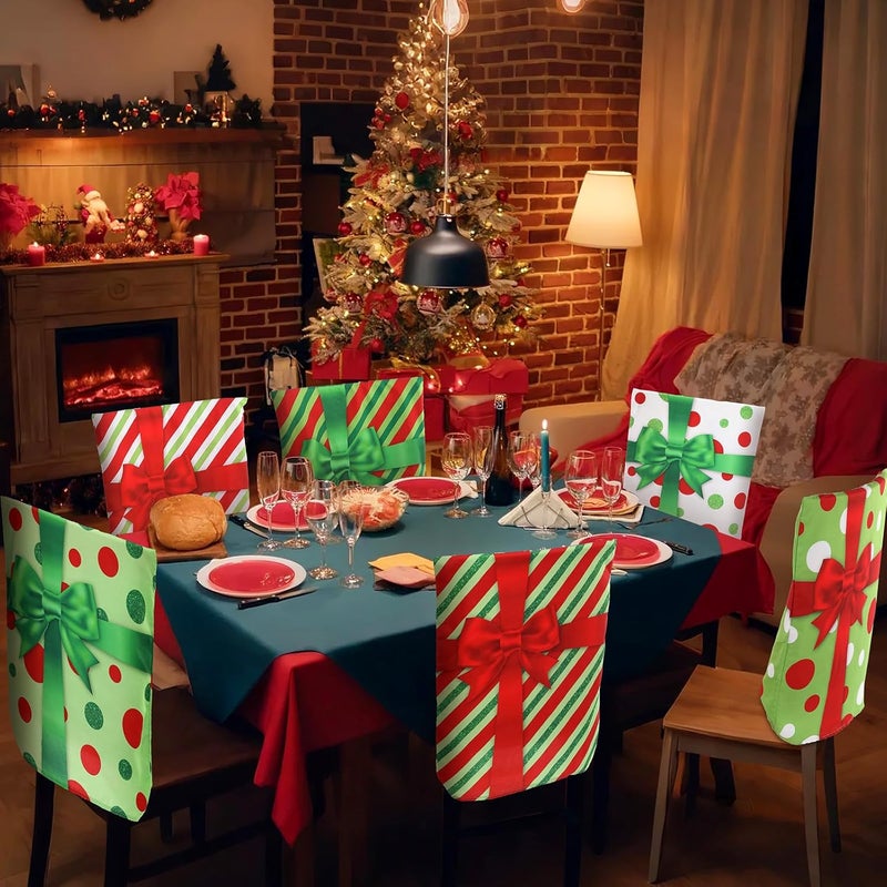 FuWeave 6 Pcs Lime Green Red Christmas Chair Covers Polka Dot Stripe Christmas Chair Back Covers Xmas Chair Protector Slipcovers Washable Winter Dining Room Seat Covers for Home Hotel Kitchen Decor - Image 2