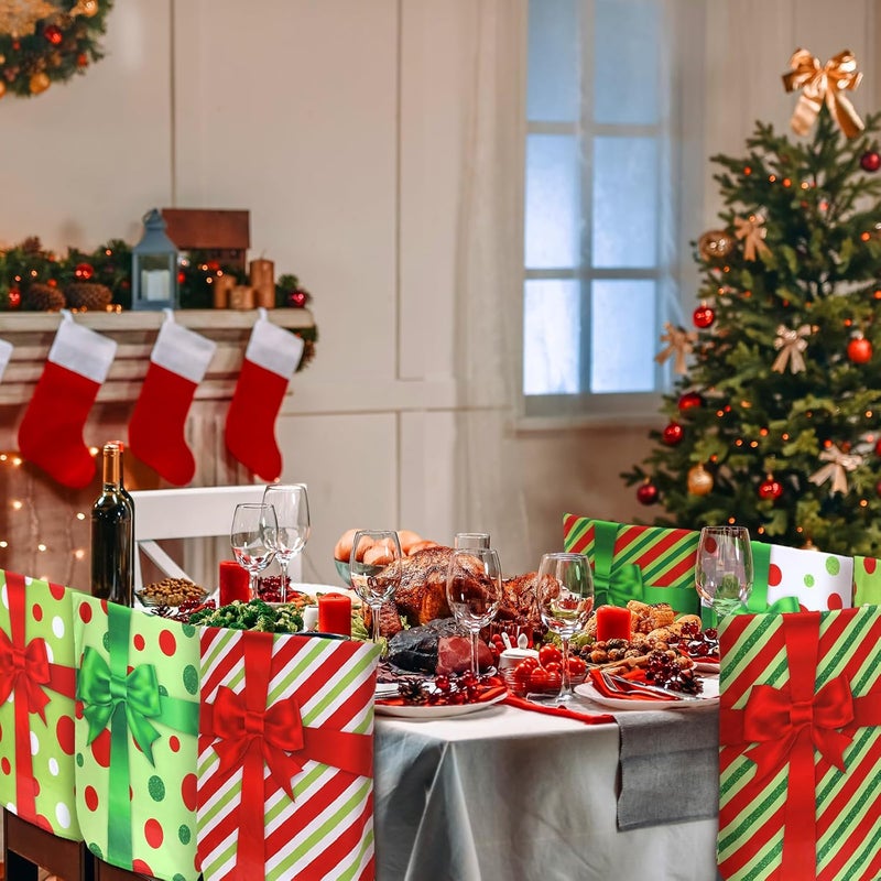 FuWeave 6 Pcs Lime Green Red Christmas Chair Covers Polka Dot Stripe Christmas Chair Back Covers Xmas Chair Protector Slipcovers Washable Winter Dining Room Seat Covers for Home Hotel Kitchen Decor - Image 5