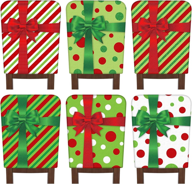 FuWeave 6 Pcs Lime Green Red Christmas Chair Covers Polka Dot Stripe Christmas Chair Back Covers Xmas Chair Protector Slipcovers Washable Winter Dining Room Seat Covers for Home Hotel Kitchen Decor - Image 1