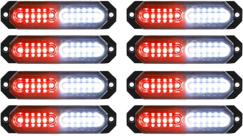 ASPL 8pcs Sync Feature Ultra Slim 12-LED Surface Mount Flashing Strobe Lights for Truck Car Vehicle LED Mini Grille Light Head Emergency Beacon Hazard Warning Lights (Red/White) - Image 1