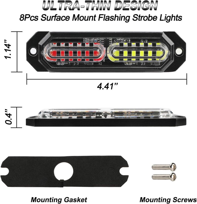 ASPL 8pcs Sync Feature Ultra Slim 12-LED Surface Mount Flashing Strobe Lights for Truck Car Vehicle LED Mini Grille Light Head Emergency Beacon Hazard Warning Lights (Red/White) - Image 5