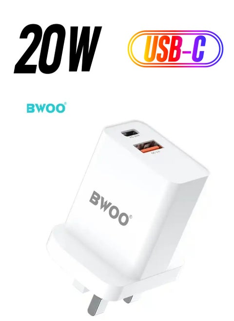 BWOO New Arrival: 20W PD USB Type-C Fast Wall Charger for iPhone with PC Material, UK Plug