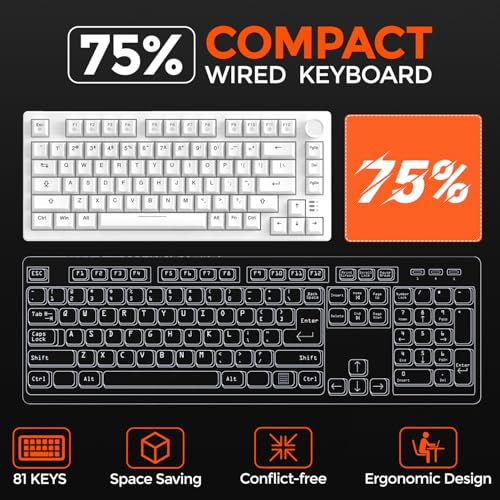 DAREU EK75 Wired Mechanical Keyboard,75% Keyboard with Volume Knob,Gasket Mount Mechanical Gaming Keyboards,81 Keys Rainbow Sidelit,PBT Keycaps,Linear Dream Switch for PC Laptop - White - Image 2