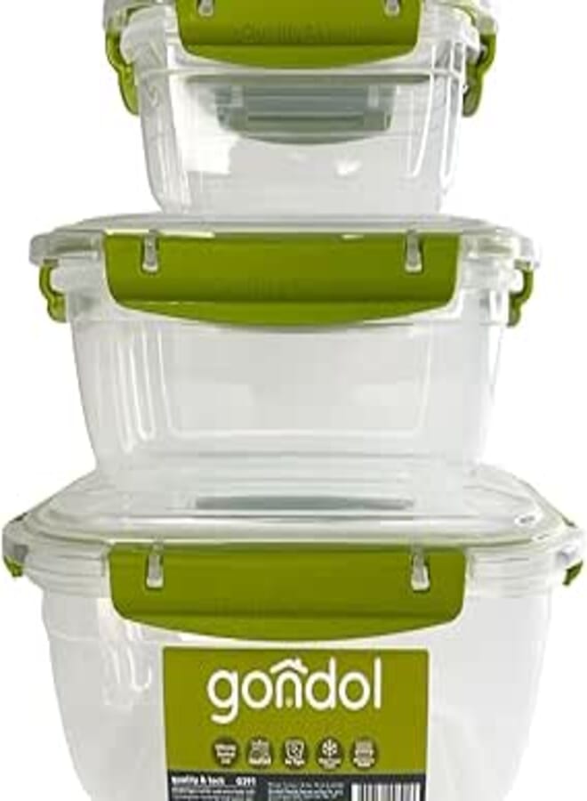 Gondol Square Leakproof 3 Pcs Storage Box Set (500ml + 900ml + 1500ml) Green